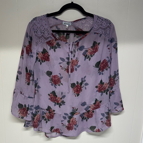 Self Esteem Lavender Floral Semi Sheer Blouse with Bell Sleeves - Picture 1 of 9